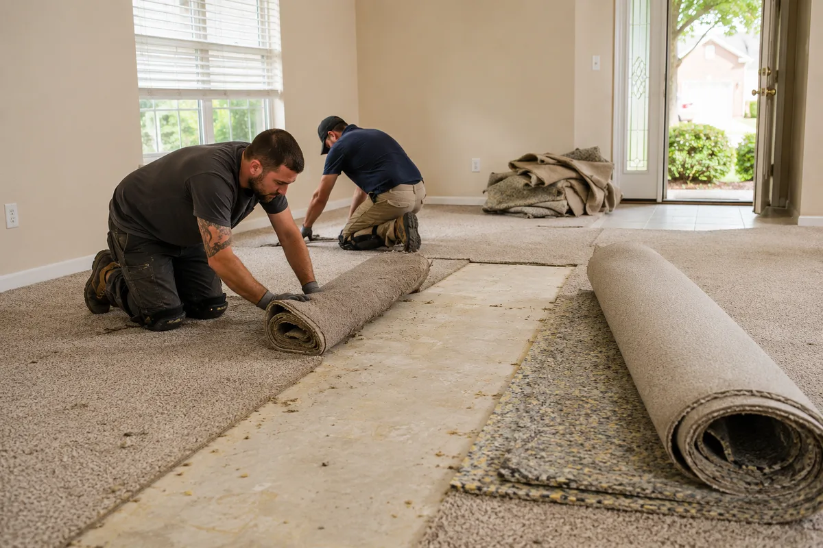 Two installers working together rolling out new carpet