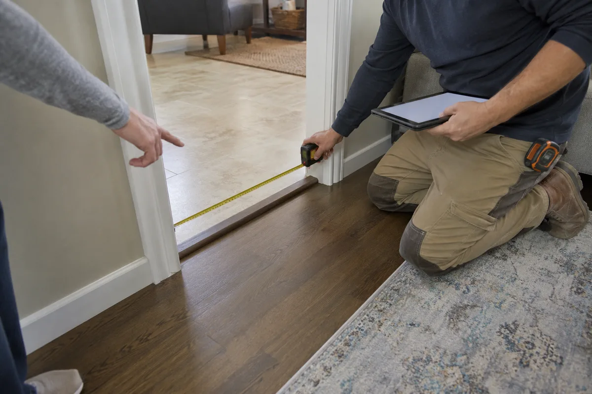 Installer measuring a doorway threshold with a tablet for a written quote