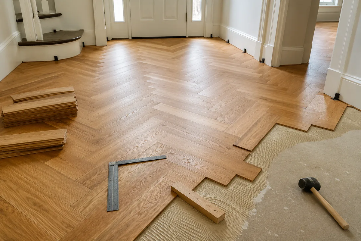 Herringbone hardwood planks being fitted in a bright entryway
