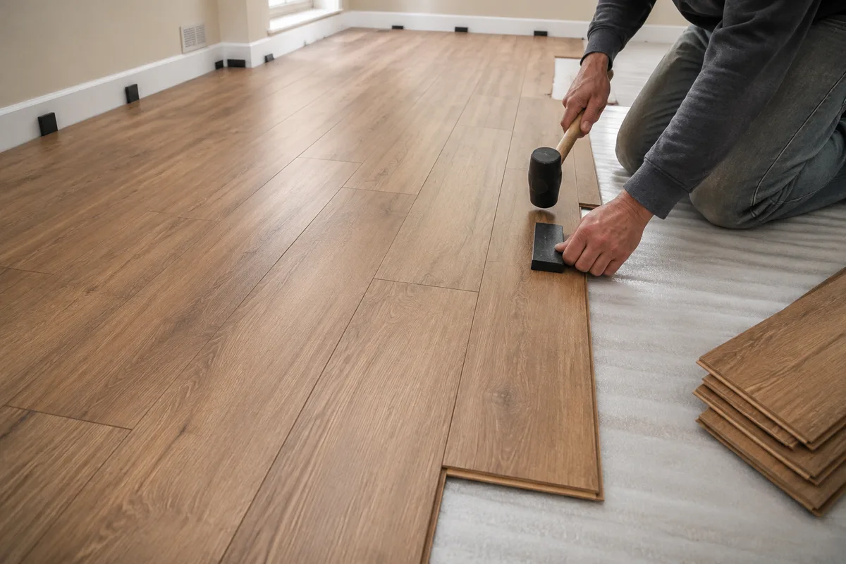 Laminate plank being tapped into place with a mallet and tapping block
