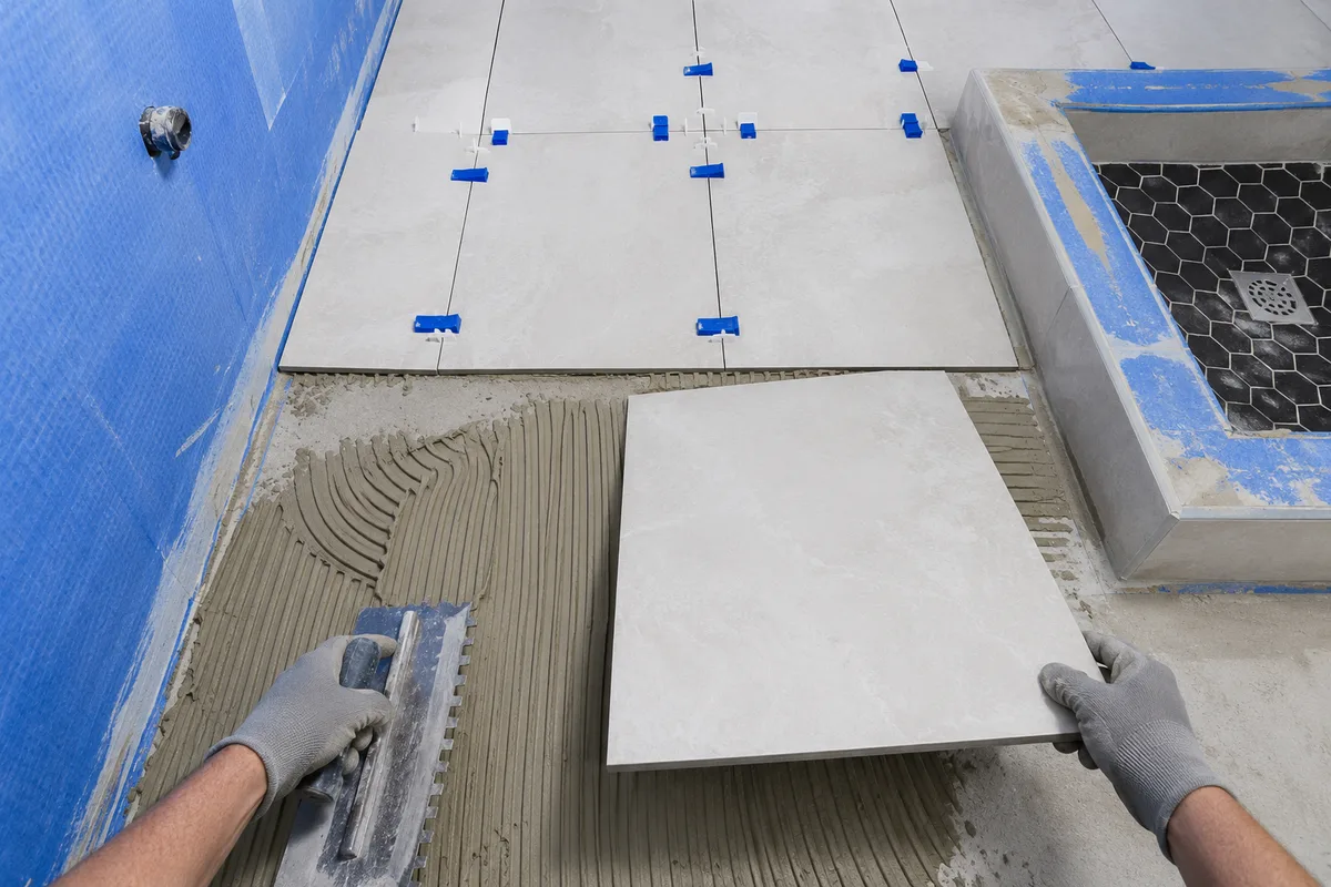 Porcelain tile being set with leveling spacers beside a tiled shower