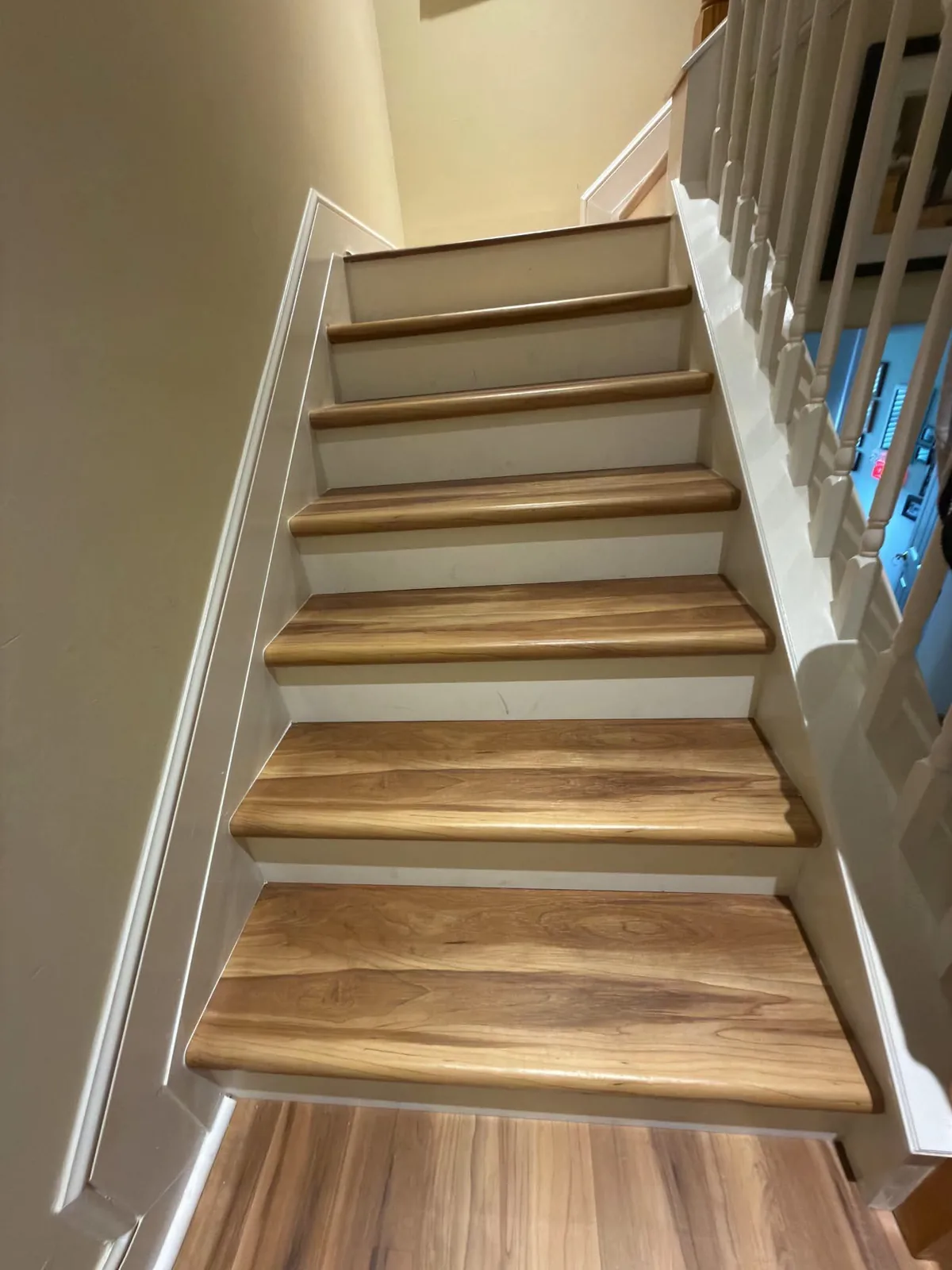 Laminate staircase seen from the bottom step